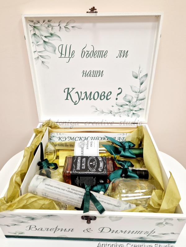 Кутия за кумове в зелено и златно "Лукс"